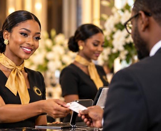 Hôtesses SOLEA à la banque d’accueil, remise de badges